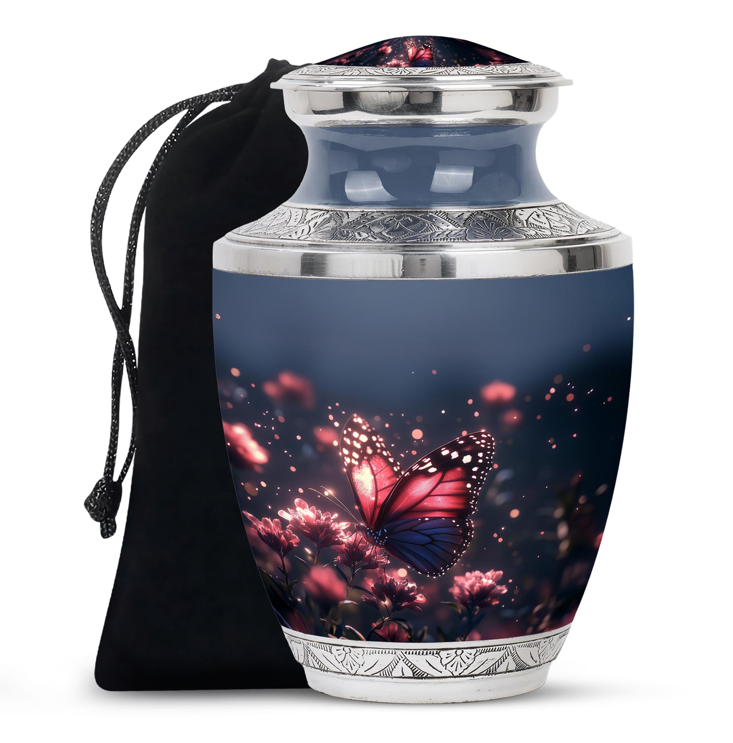 Dusty Blue Butterfly Cremation Urn side profile showing urn shape - contemporary butterfly design with modern artistic flair - full-size 10 inch 200 cubic inch adult cremation urn