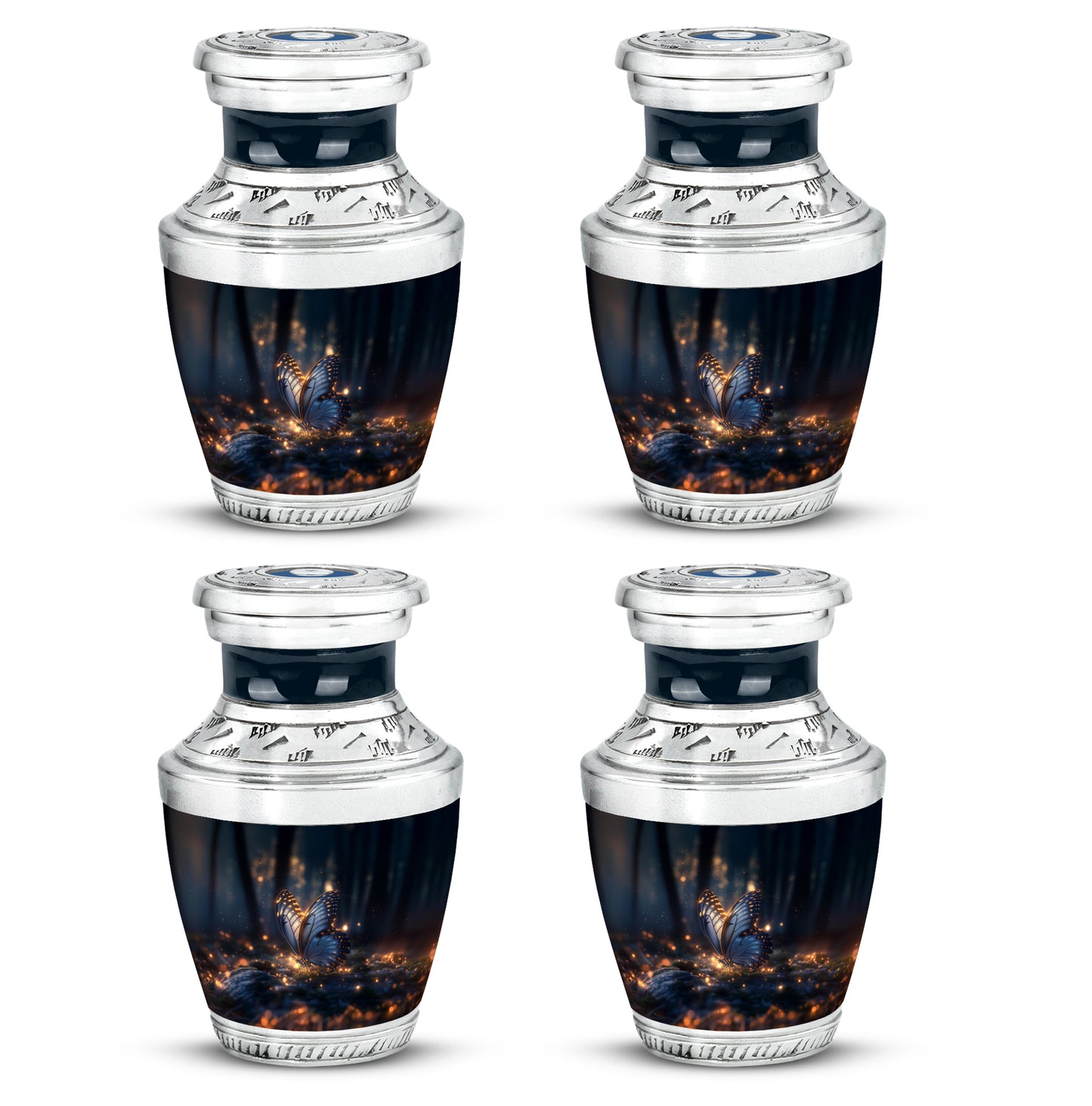 Ebony Butterfly Cremation Urn back view with polished surface - modern art-inspired butterfly motif on sleek aluminum - 10 inch aluminum urn for cremated remains