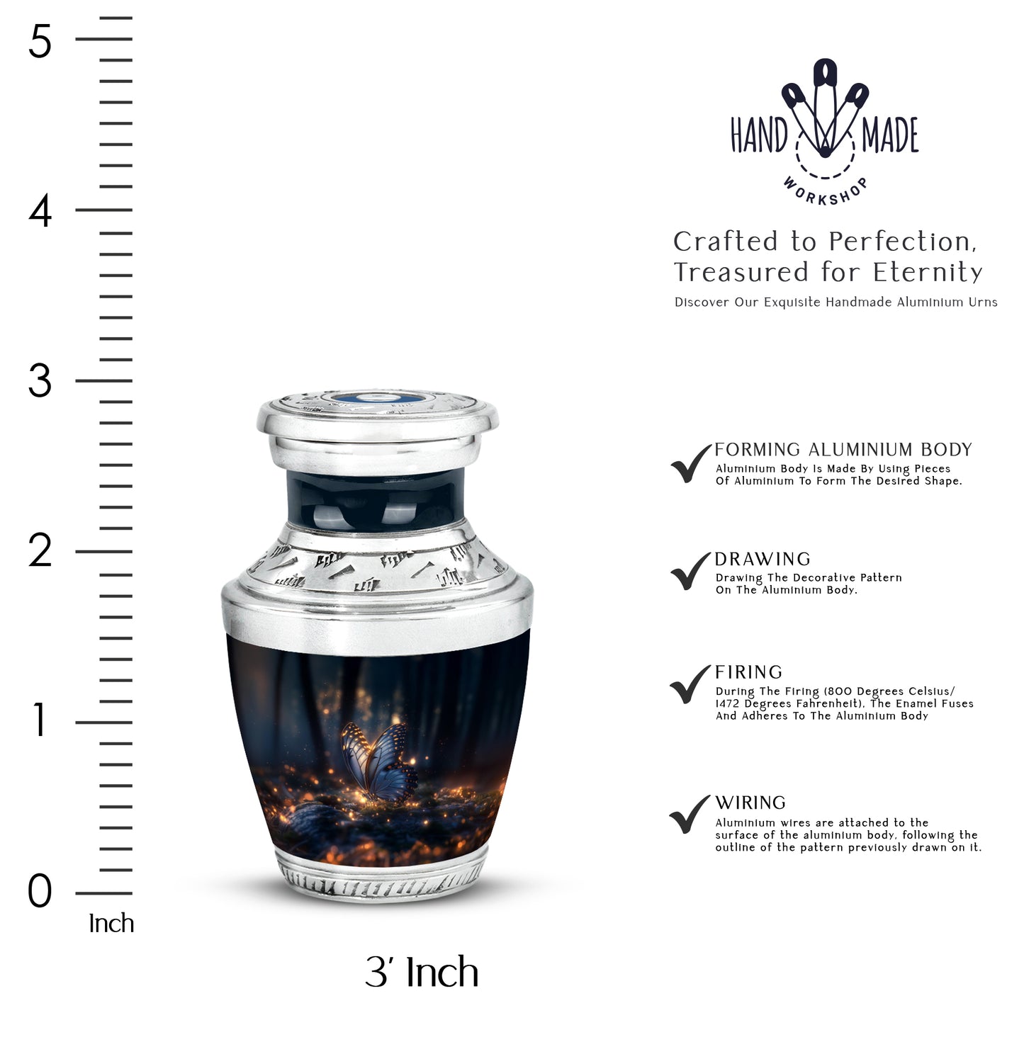 Onyx Black Butterfly Cremation Urn top-down view of secure threaded lid - artistic butterfly interpretation with creative detail - mini keepsake memorial for portion of cremation ashes