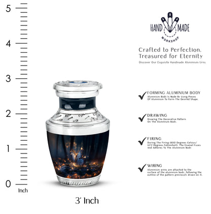 Onyx Black Butterfly Cremation Urn top-down view of secure threaded lid - artistic butterfly interpretation with creative detail - mini keepsake memorial for portion of cremation ashes