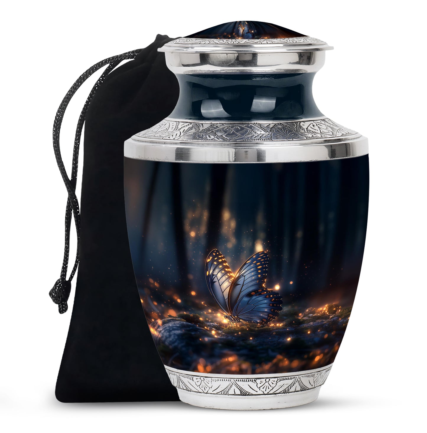 Rich Black Butterfly Cremation Urn side profile showing urn shape - contemporary butterfly design with modern artistic flair - full-size 10 inch 200 cubic inch adult cremation urn