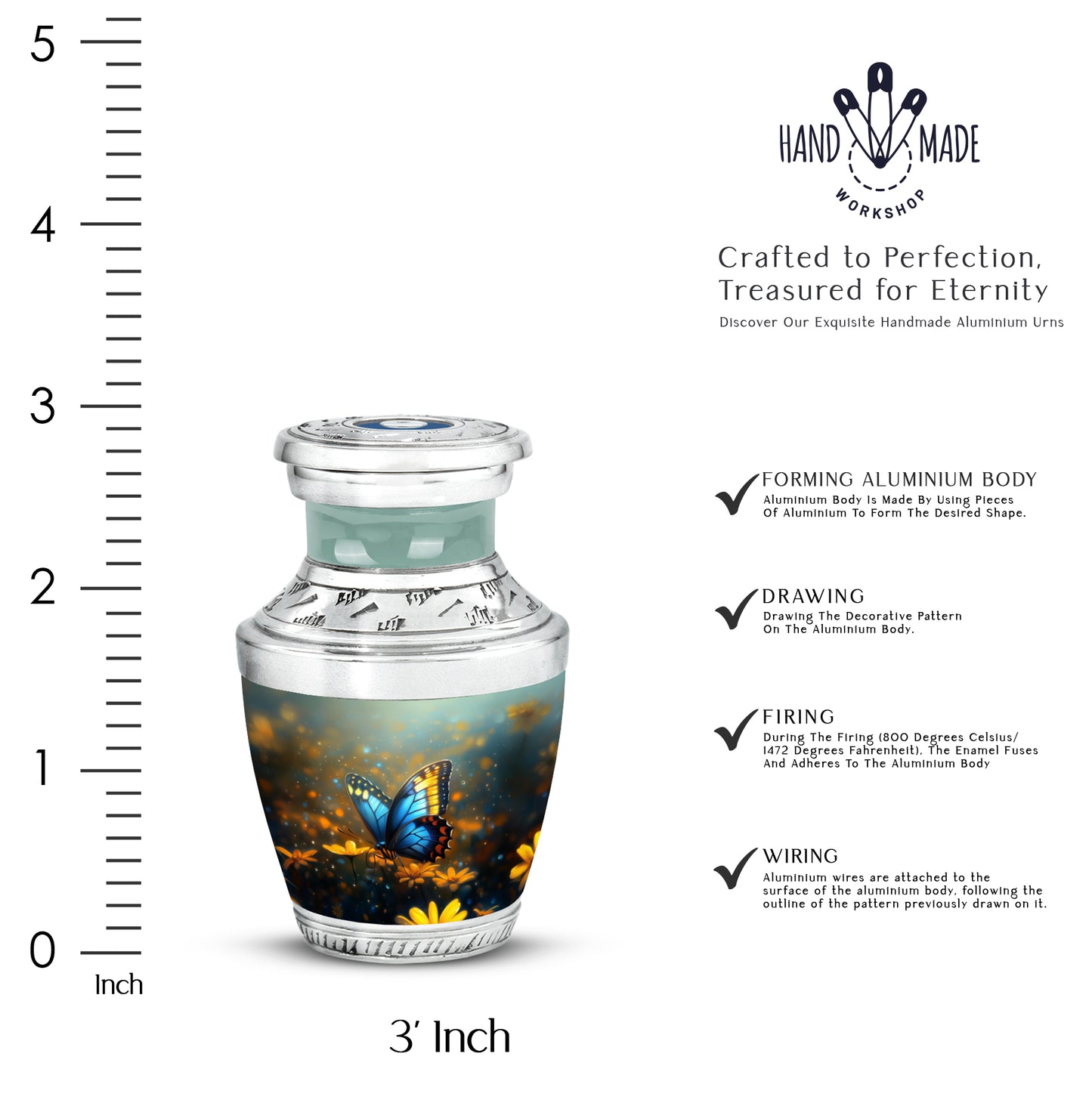Ash Gray Butterfly Cremation Urn top-down view of secure threaded lid - stylized abstract butterfly pattern with bold lines - mini keepsake memorial for portion of cremation ashes