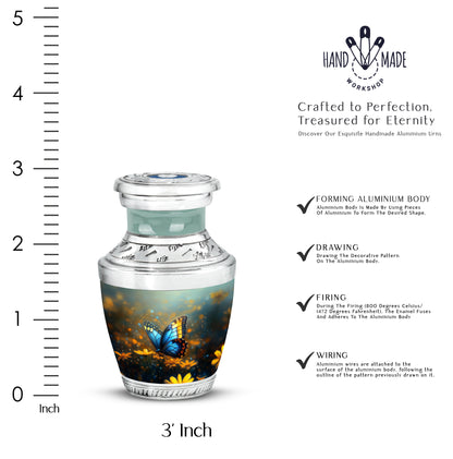 Ash Gray Butterfly Cremation Urn top-down view of secure threaded lid - stylized abstract butterfly pattern with bold lines - mini keepsake memorial for portion of cremation ashes