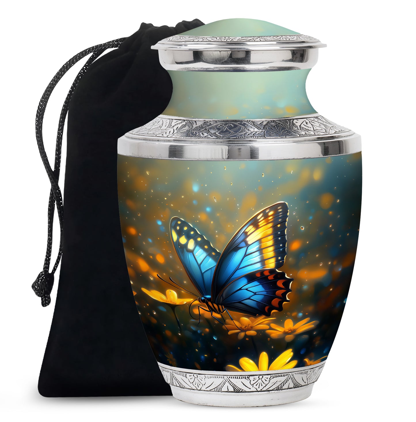 Blue Personalized Butterfly Cremation Urn for Human Ashes - 10-inch, 200 cu in - Yatskia