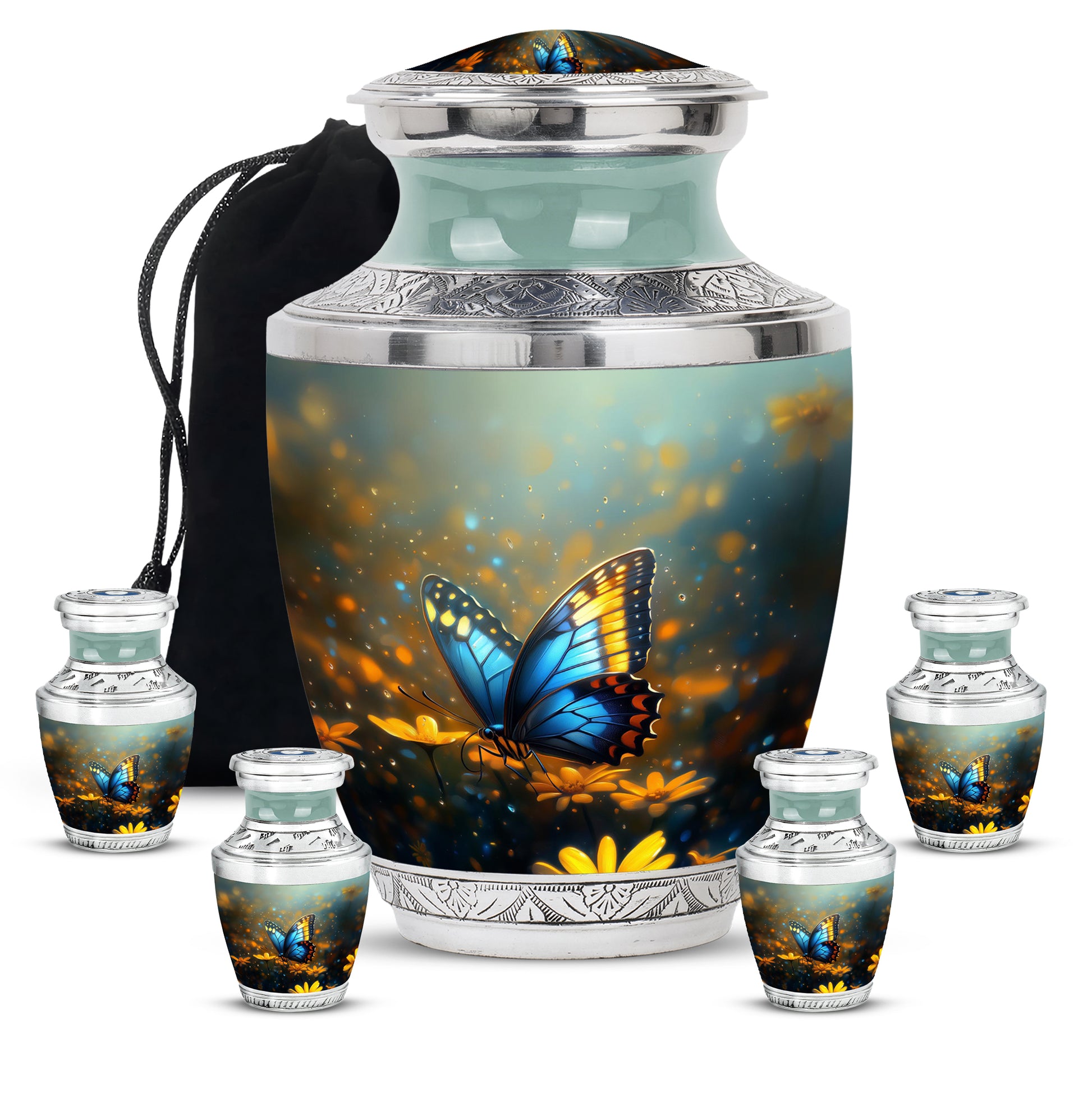 Smoke Gray Butterfly Cremation Urn lifestyle display on memorial shelf - artistic butterfly interpretation with creative detail - memorial set with one large and four small urns