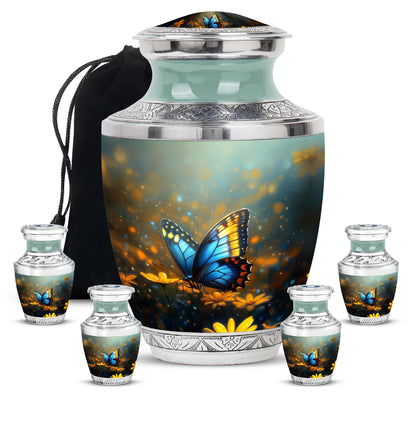 Smoke Gray Butterfly Cremation Urn lifestyle display on memorial shelf - artistic butterfly interpretation with creative detail - memorial set with one large and four small urns