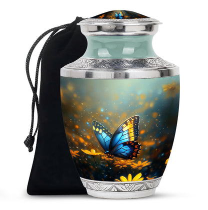 Mist Gray Butterfly Cremation Urn side profile showing urn shape - contemporary butterfly design with modern artistic flair - full-size 10 inch 200 cubic inch adult cremation urn