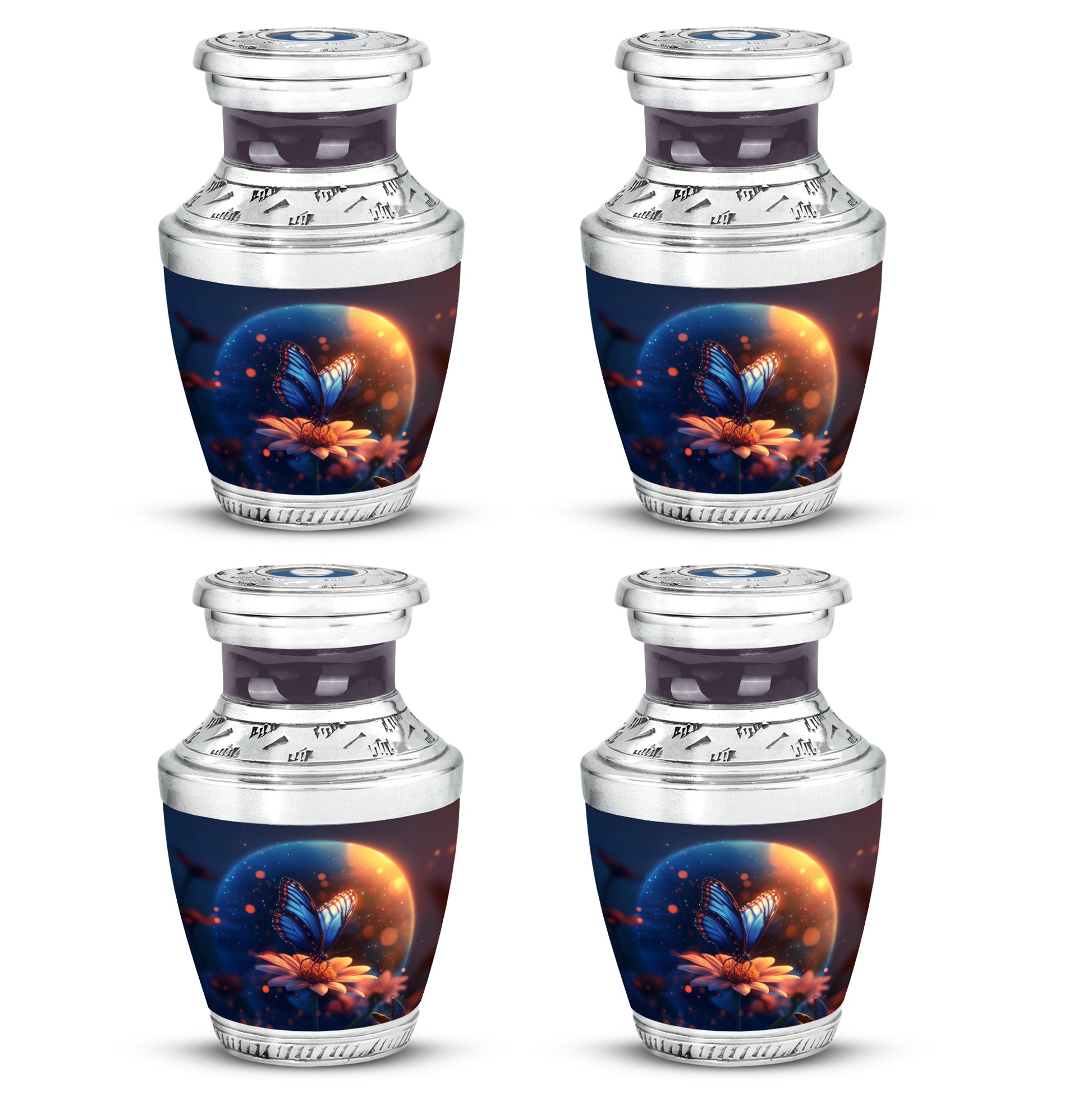 Steel Blue Butterfly Cremation Urn back view with polished surface - artistic butterfly interpretation with creative detail - 10 inch aluminum urn for cremated remains