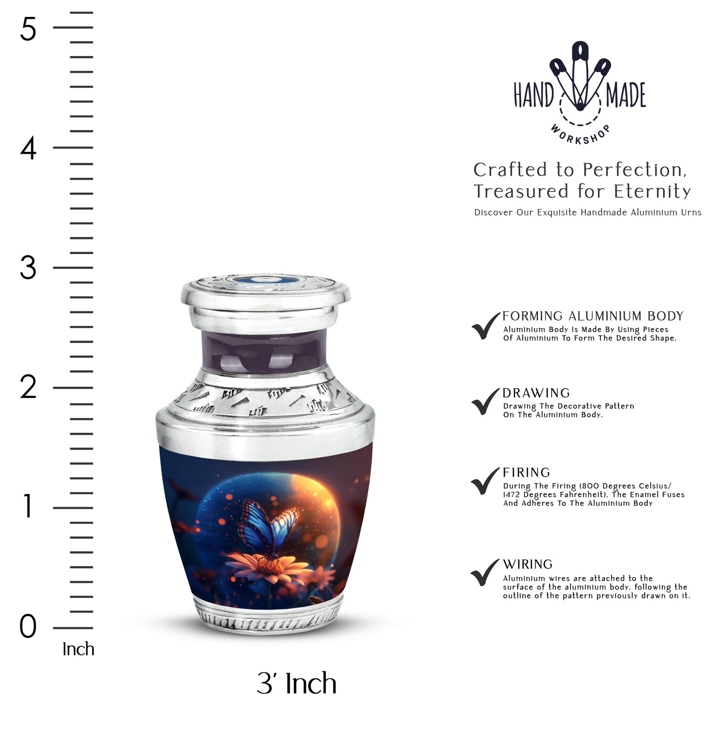 Serene Blue Butterfly Cremation Urn top-down view of secure threaded lid - artistic butterfly interpretation with creative detail - mini keepsake memorial for portion of cremation ashes