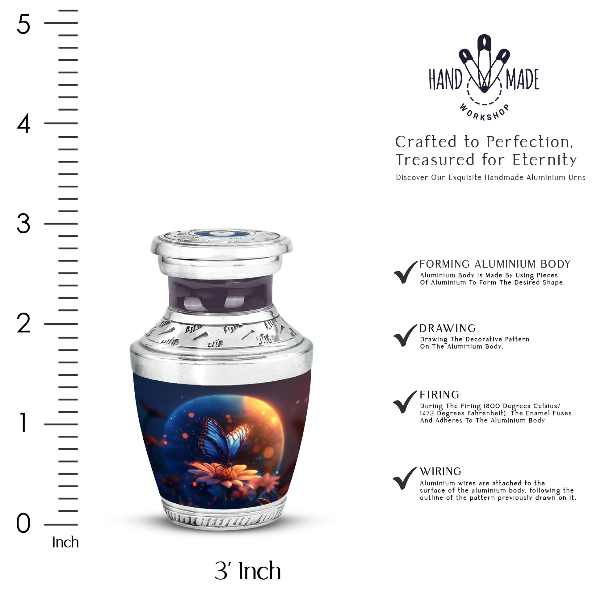 Serene Blue Butterfly Cremation Urn top-down view of secure threaded lid - artistic butterfly interpretation with creative detail - mini keepsake memorial for portion of cremation ashes