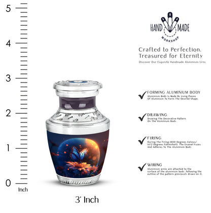 Serene Blue Butterfly Cremation Urn top-down view of secure threaded lid - artistic butterfly interpretation with creative detail - mini keepsake memorial for portion of cremation ashes