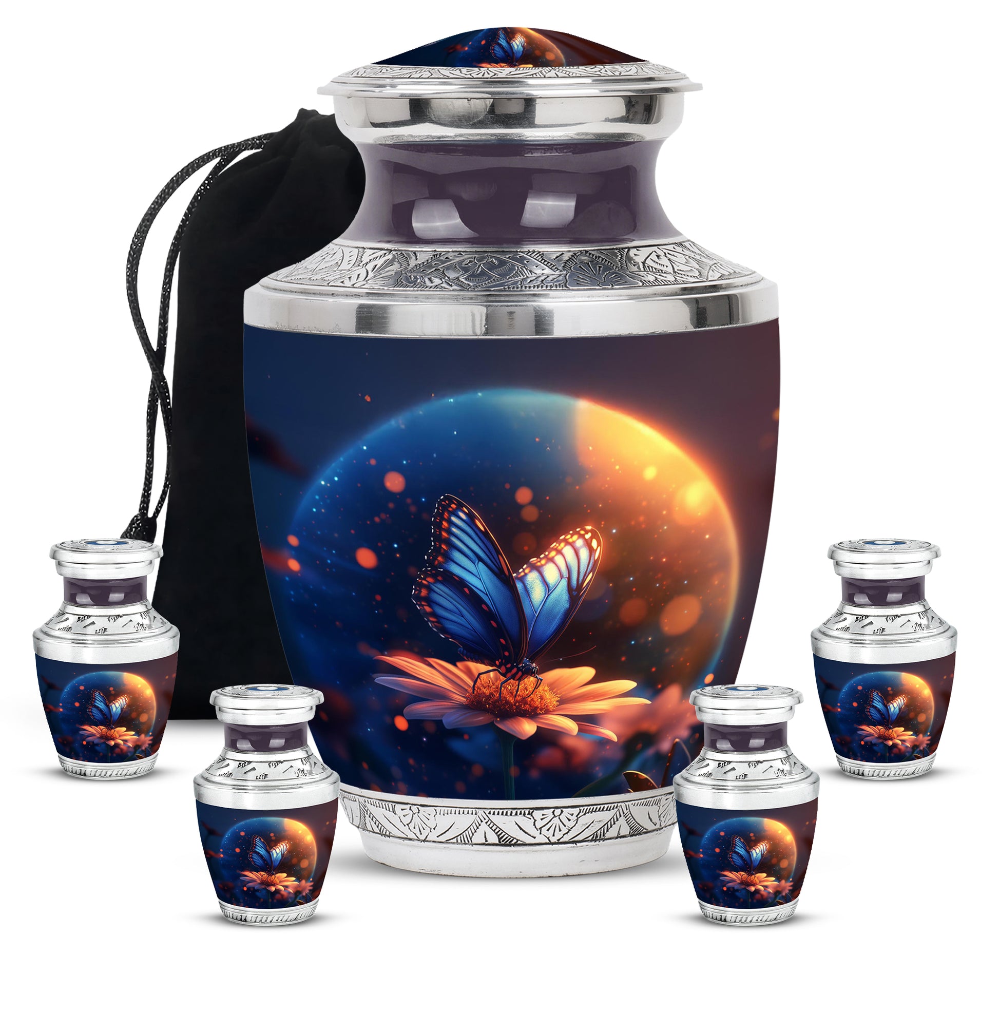 Cornflower Blue Butterfly Cremation Urn lifestyle display on memorial shelf - stylized abstract butterfly pattern with bold lines - memorial set with one large and four small urns