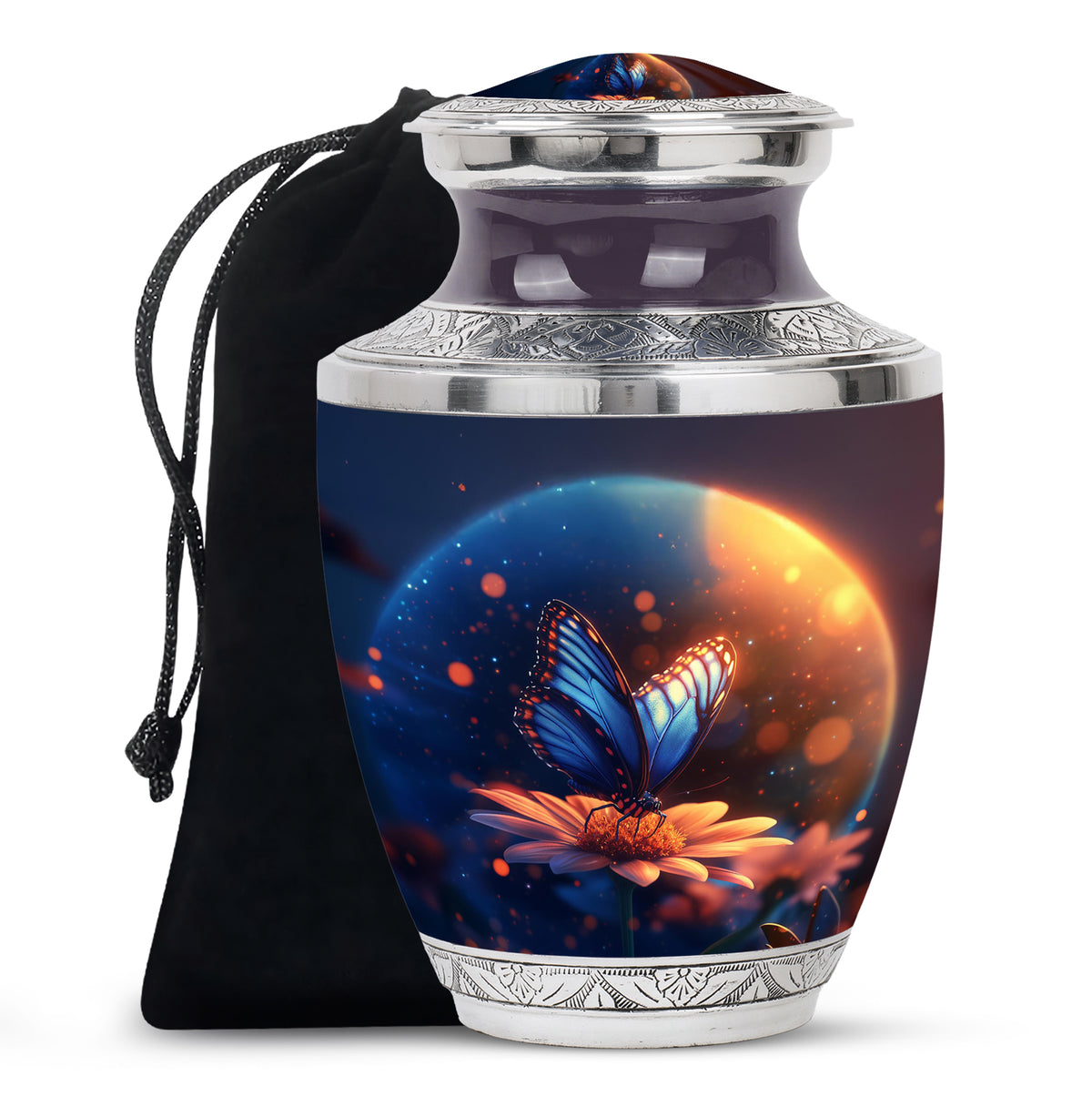Sapphire Blue Butterfly Cremation Urn side profile showing urn shape - artistic butterfly interpretation with creative detail - full-size 10 inch 200 cubic inch adult cremation urn