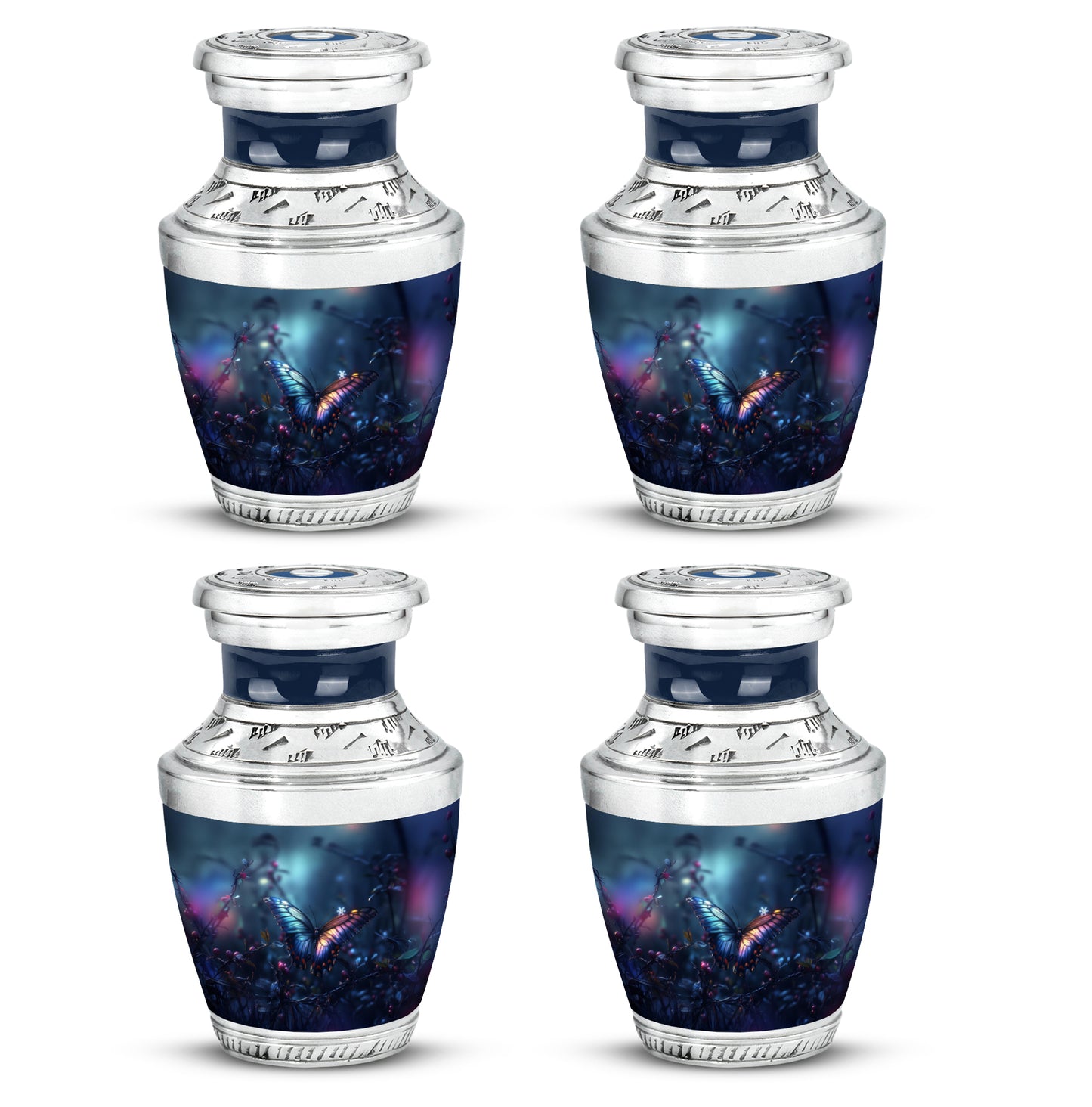 Dusty Blue Butterfly Cremation Urn back view with polished surface - contemporary butterfly design with modern artistic flair - 10 inch aluminum urn for cremated remains