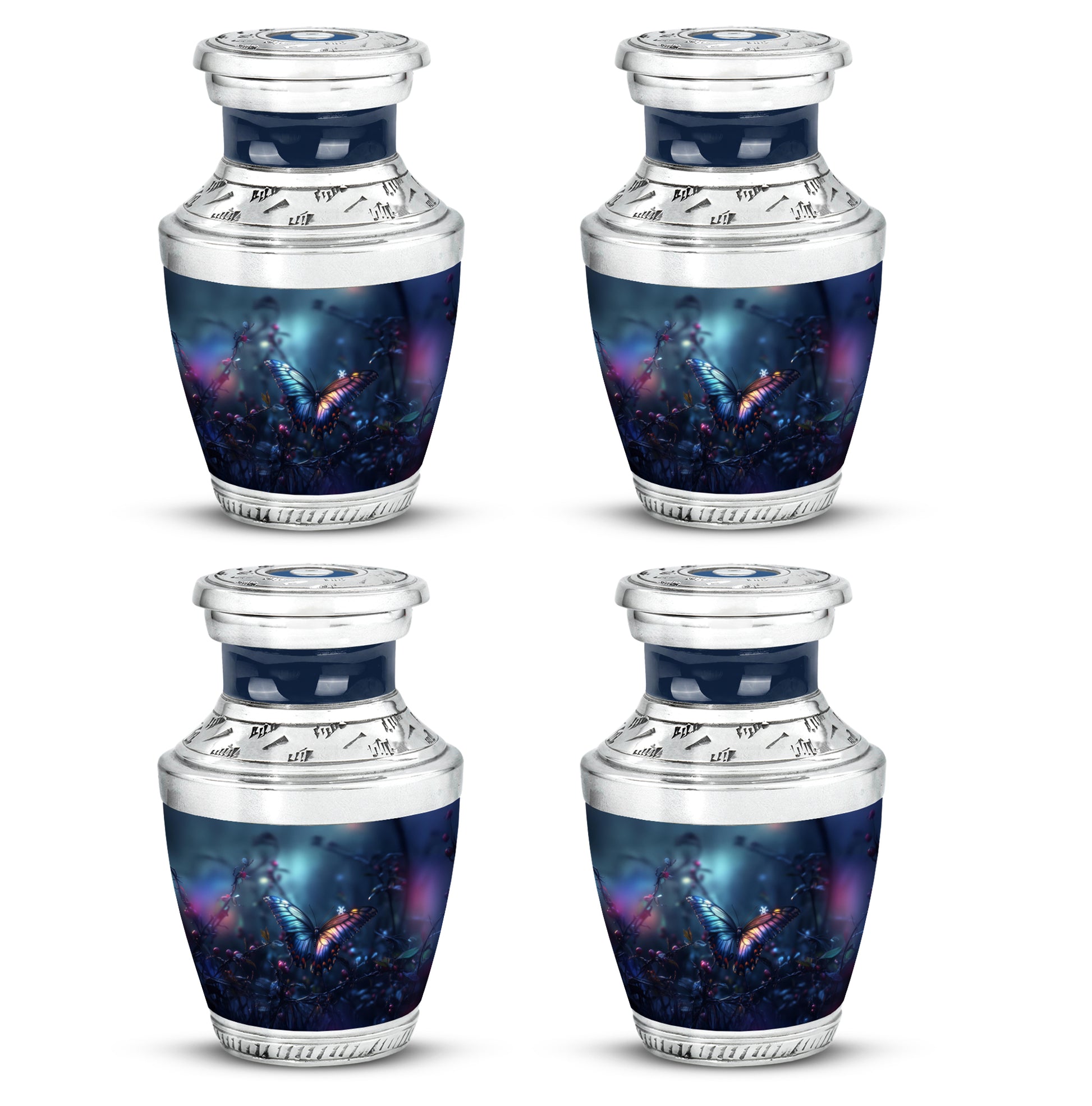 Dusty Blue Butterfly Cremation Urn back view with polished surface - contemporary butterfly design with modern artistic flair - 10 inch aluminum urn for cremated remains