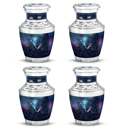 Dusty Blue Butterfly Cremation Urn back view with polished surface - contemporary butterfly design with modern artistic flair - 10 inch aluminum urn for cremated remains
