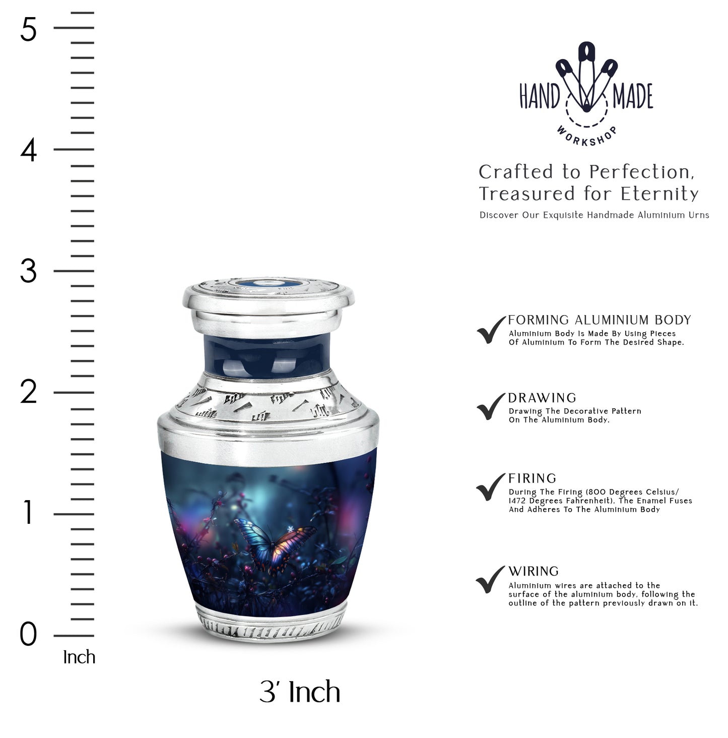 Slate Blue Butterfly Cremation Urn top-down view of secure threaded lid - contemporary butterfly design with modern artistic flair - mini keepsake memorial for portion of cremation ashes
