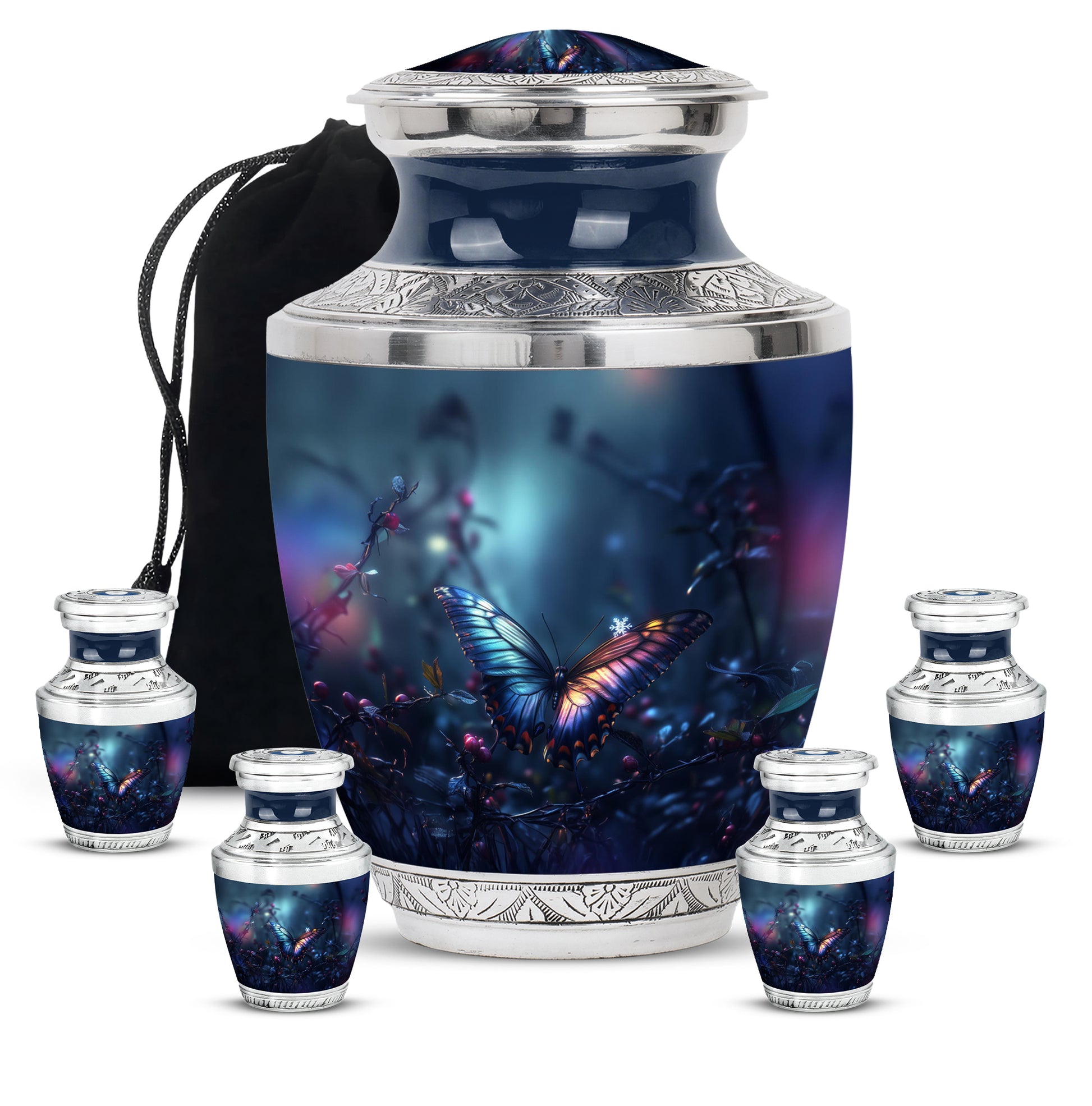 Royal Blue Butterfly Cremation Urn lifestyle display on memorial shelf - artistic butterfly interpretation with creative detail - memorial set with one large and four small urns