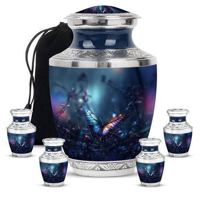 Royal Blue Butterfly Cremation Urn lifestyle display on memorial shelf - artistic butterfly interpretation with creative detail - memorial set with one large and four small urns