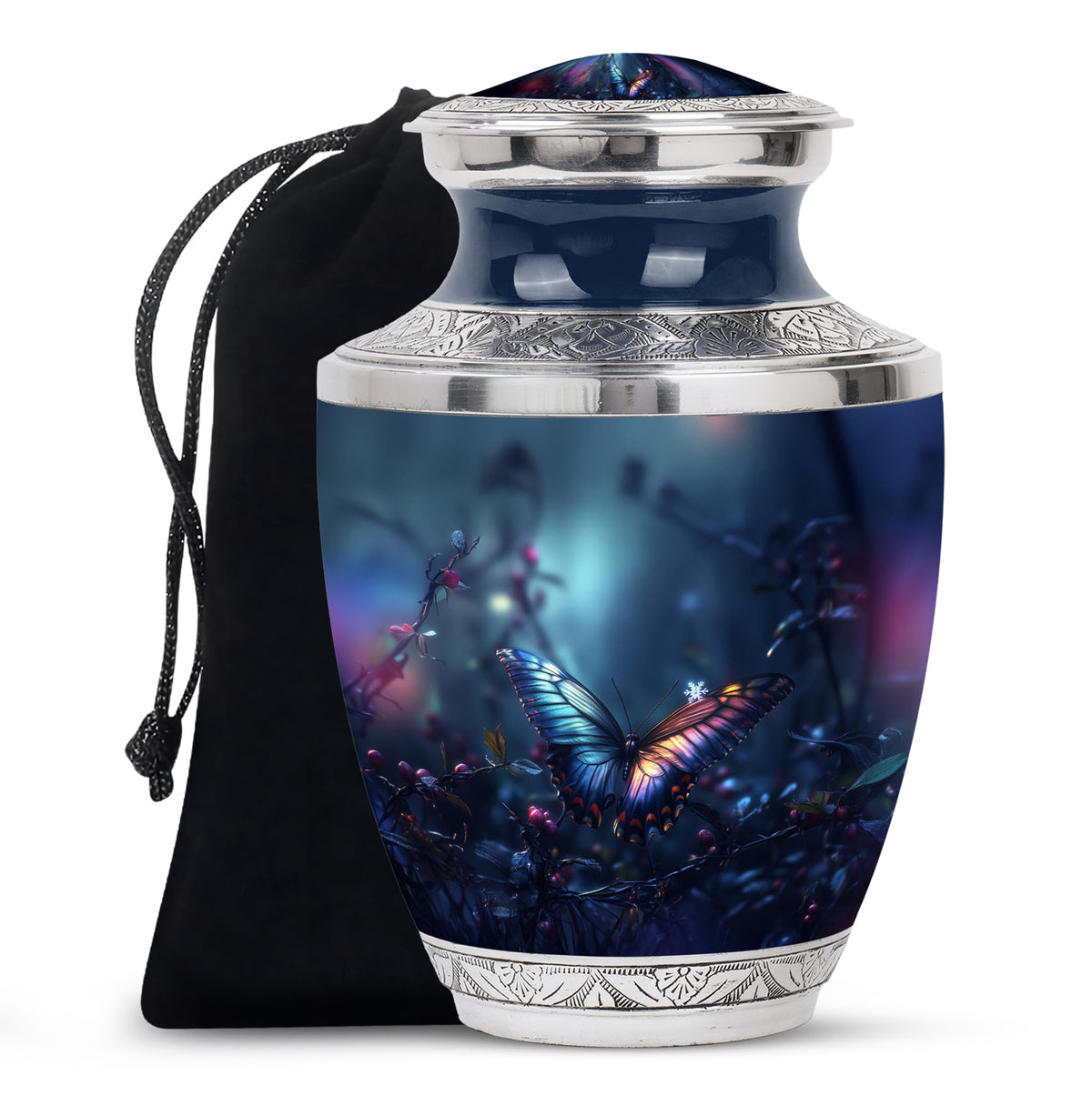 Indigo Butterfly Cremation Urn side profile showing urn shape - modern art-inspired butterfly motif on sleek aluminum - full-size 10 inch 200 cubic inch adult cremation urn
