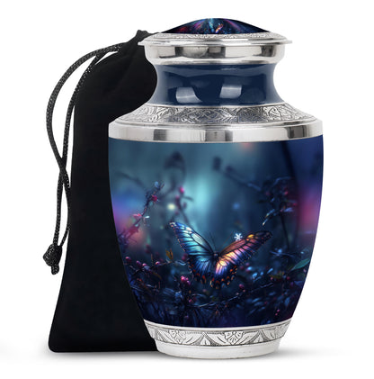 Indigo Butterfly Cremation Urn side profile showing urn shape - modern art-inspired butterfly motif on sleek aluminum - full-size 10 inch 200 cubic inch adult cremation urn