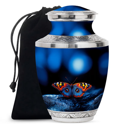 Blue Personalized Butterfly Cremation Urn for Human Ashes - 10-inch, 200 cu in - Yatskia