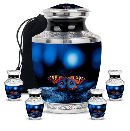 Rich Black Butterfly Cremation Urn lifestyle display on memorial shelf - modern art-inspired butterfly motif on sleek aluminum - memorial set with one large and four small urns