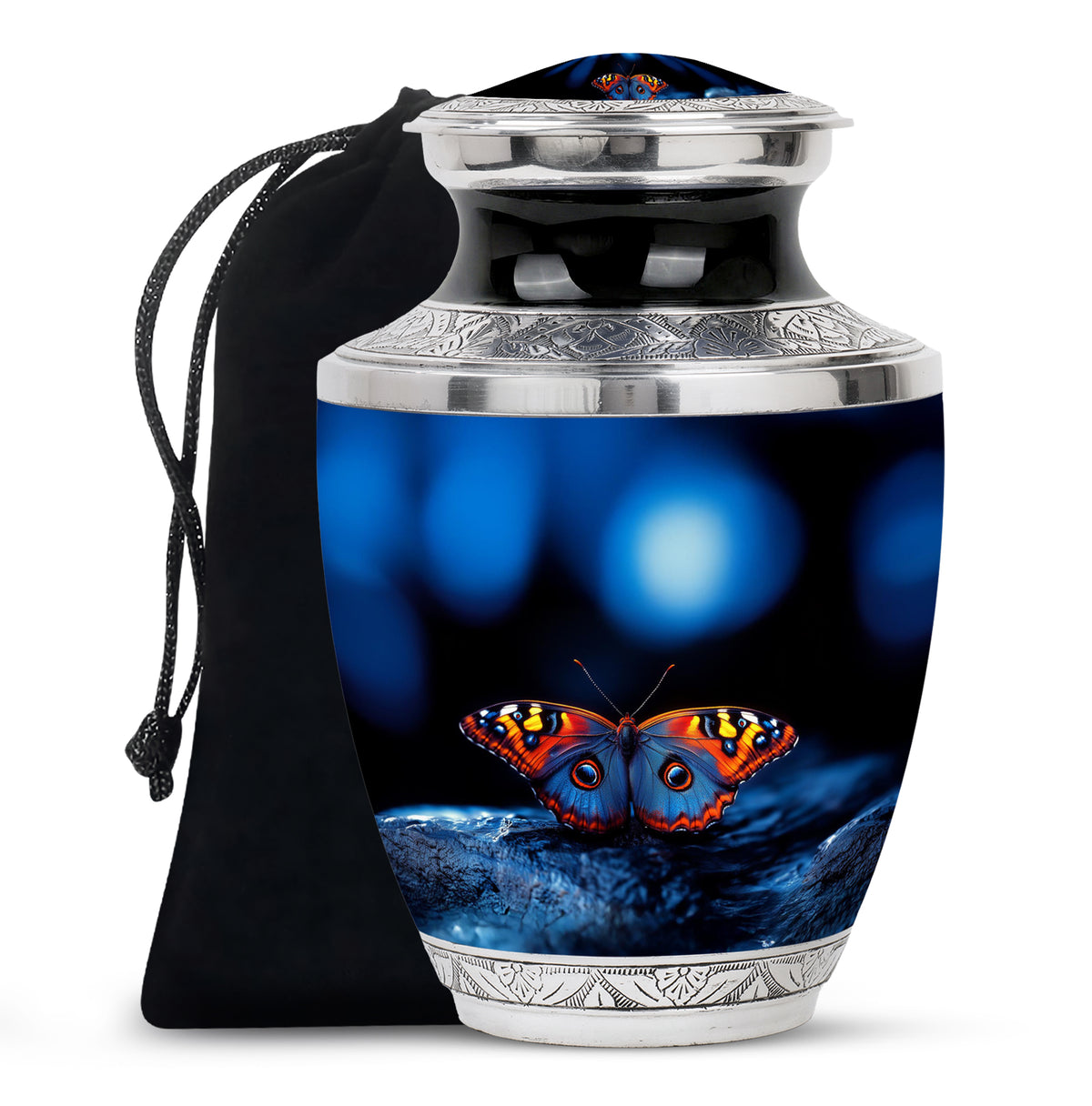 Ebony Butterfly Cremation Urn side profile showing urn shape - modern art-inspired butterfly motif on sleek aluminum - full-size 10 inch 200 cubic inch adult cremation urn