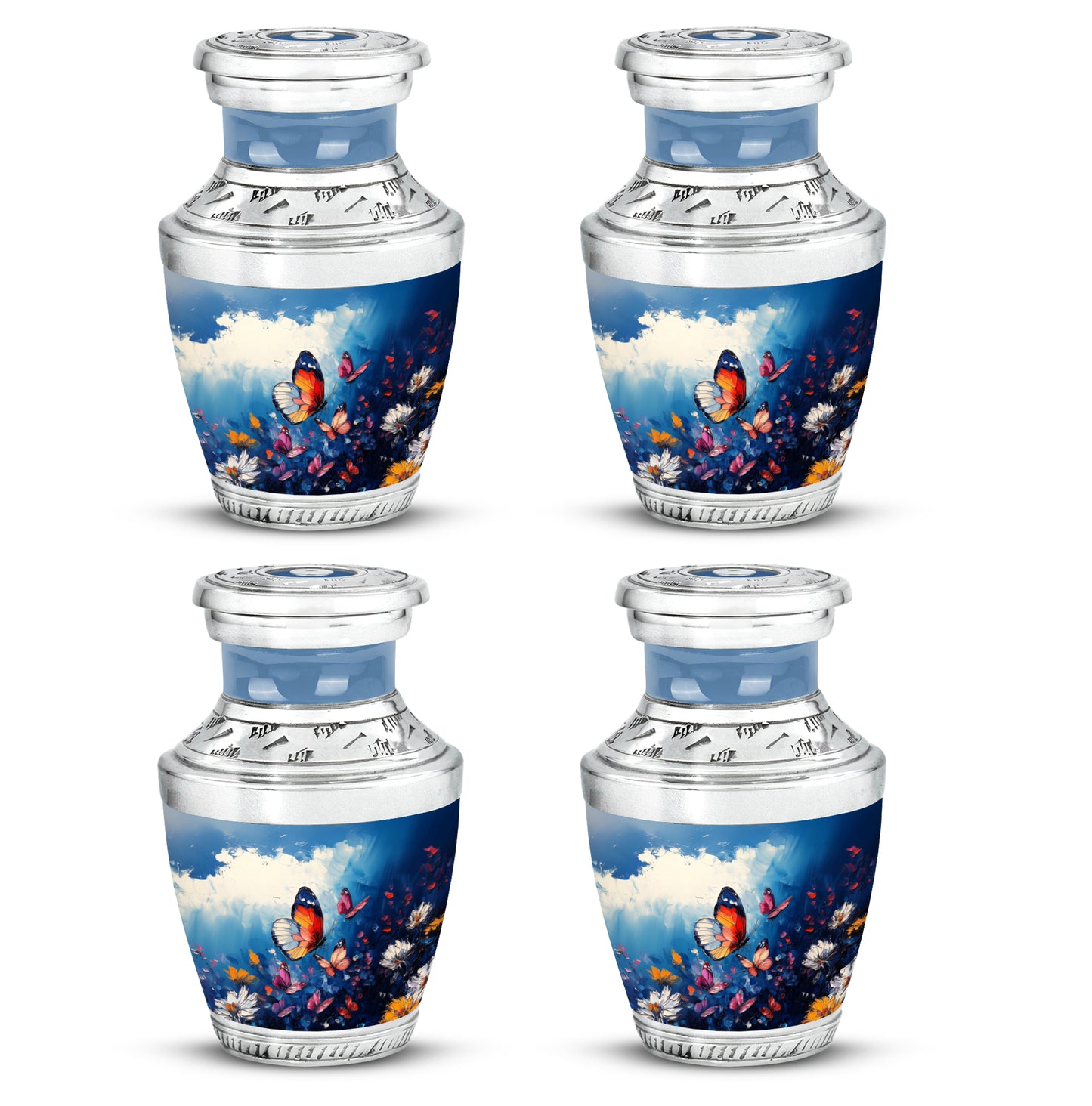 Powder Blue Butterfly Cremation Urn back view with polished surface - contemporary butterfly design with modern artistic flair - 10 inch aluminum urn for cremated remains