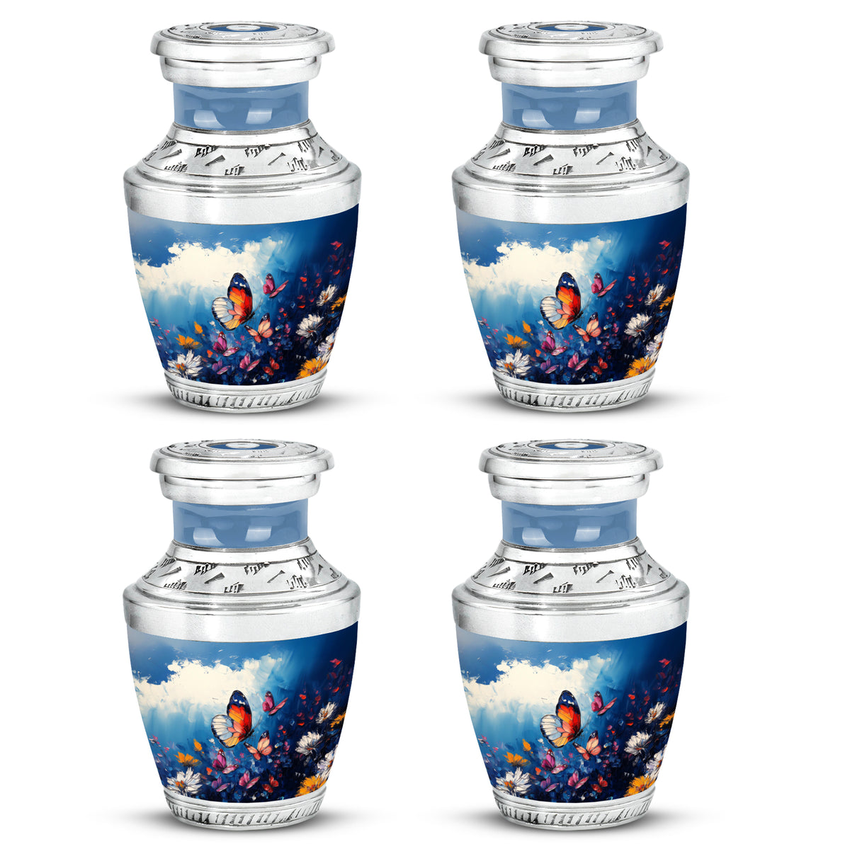 Powder Blue Butterfly Cremation Urn back view with polished surface - contemporary butterfly design with modern artistic flair - 10 inch aluminum urn for cremated remains