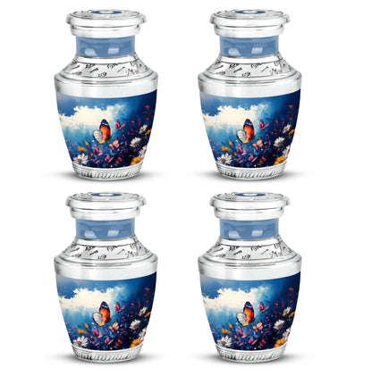 Powder Blue Butterfly Cremation Urn back view with polished surface - contemporary butterfly design with modern artistic flair - 10 inch aluminum urn for cremated remains