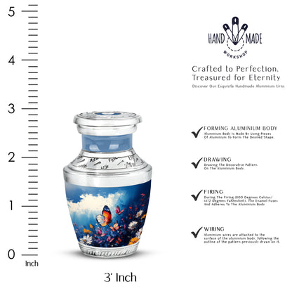 Twilight Blue Butterfly Cremation Urn top-down view of secure threaded lid - artistic butterfly interpretation with creative detail - mini keepsake memorial for portion of cremation ashes