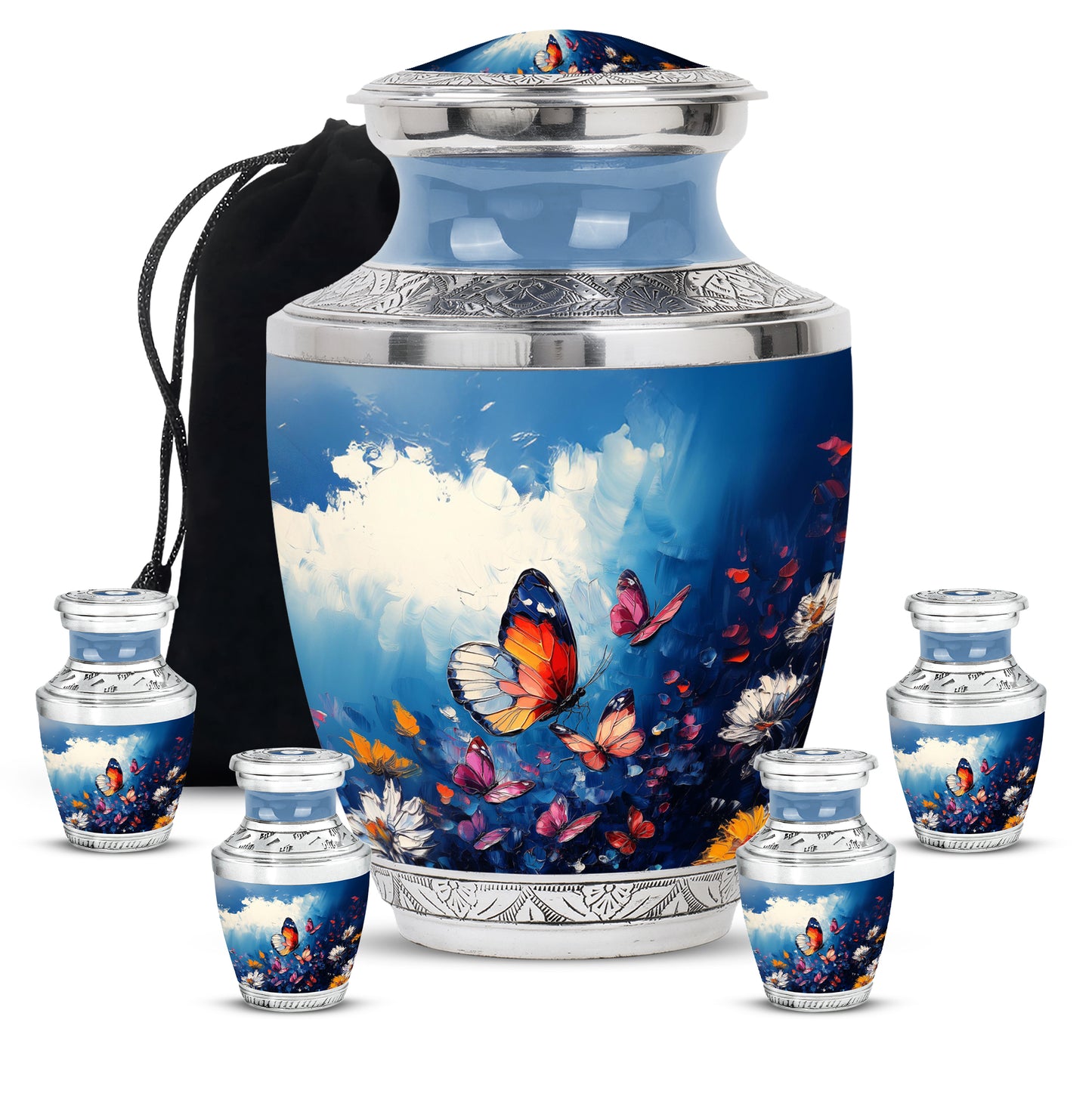Calming Blue Butterfly Cremation Urn lifestyle display on memorial shelf - artistic butterfly interpretation with creative detail - memorial set with one large and four small urns