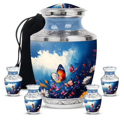 Calming Blue Butterfly Cremation Urn lifestyle display on memorial shelf - artistic butterfly interpretation with creative detail - memorial set with one large and four small urns