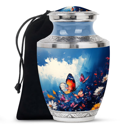 Dusty Blue Butterfly Cremation Urn side profile showing urn shape - contemporary butterfly design with modern artistic flair - full-size 10 inch 200 cubic inch adult cremation urn