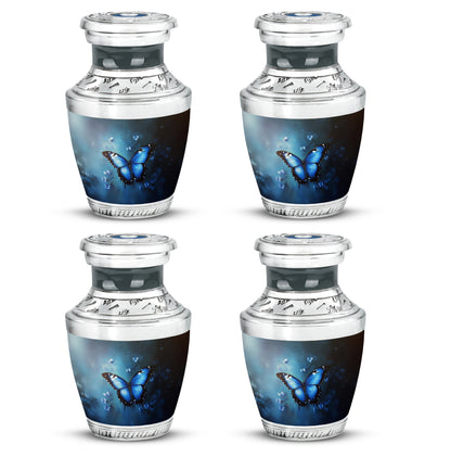 Sky Blue Butterfly Cremation Urn back view with polished surface - modern art-inspired butterfly motif on sleek aluminum - 10 inch aluminum urn for cremated remains