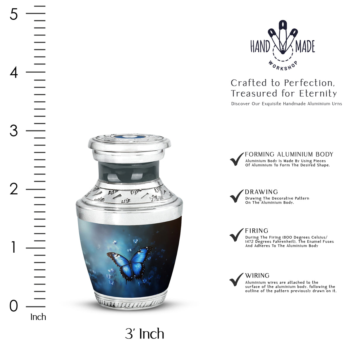 Twilight Blue Butterfly Cremation Urn top-down view of secure threaded lid - stylized abstract butterfly pattern with bold lines - mini keepsake memorial for portion of cremation ashes