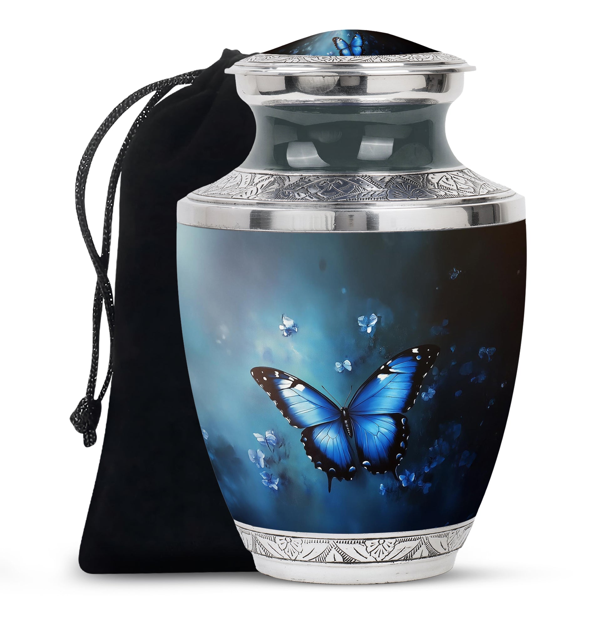 Soft Blue Butterfly Cremation Urn side profile showing urn shape - artistic butterfly interpretation with creative detail - full-size 10 inch 200 cubic inch adult cremation urn