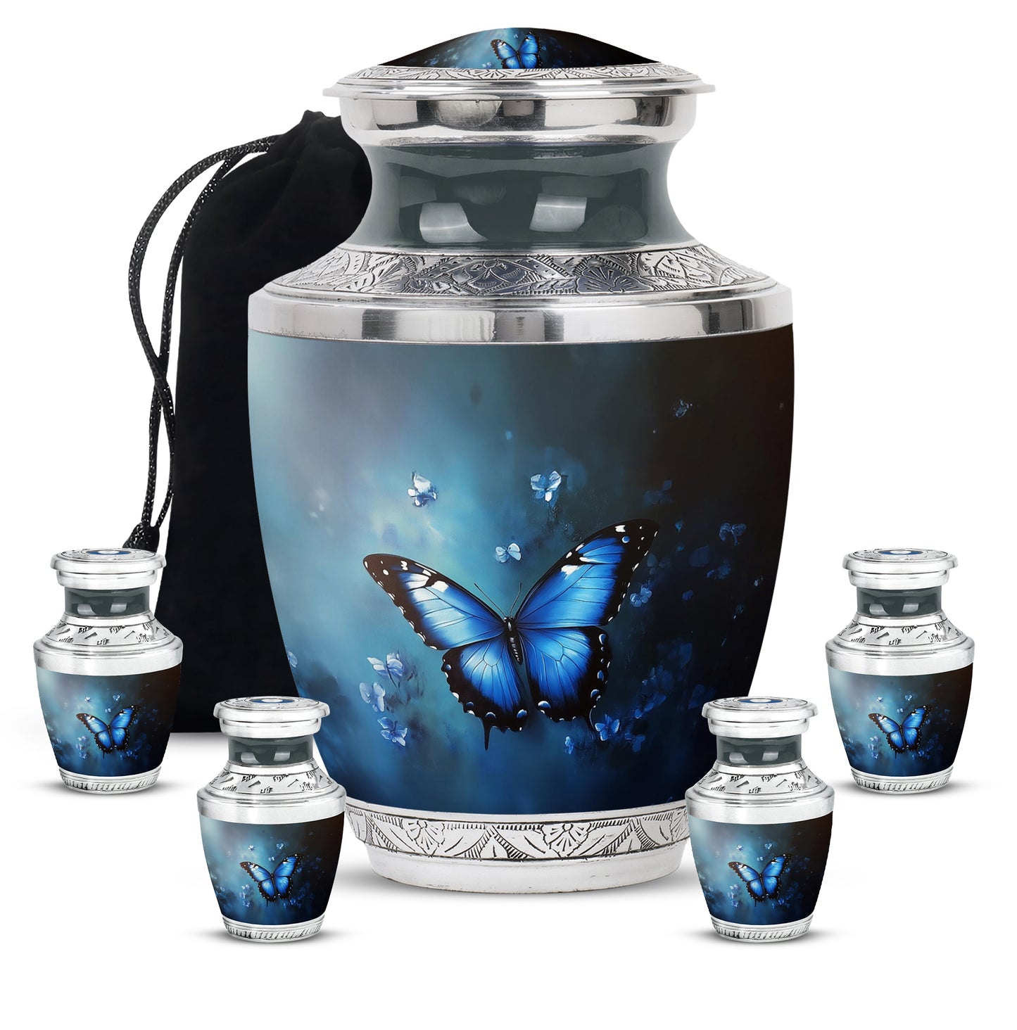 Soft Blue Butterfly Cremation Urn lifestyle display on memorial shelf - stylized abstract butterfly pattern with bold lines - memorial set with one large and four small urns