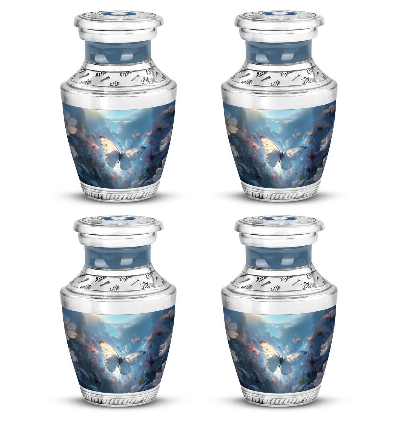Calming Blue Butterfly Cremation Urn back view with polished surface - artistic butterfly interpretation with creative detail - 10 inch aluminum urn for cremated remains