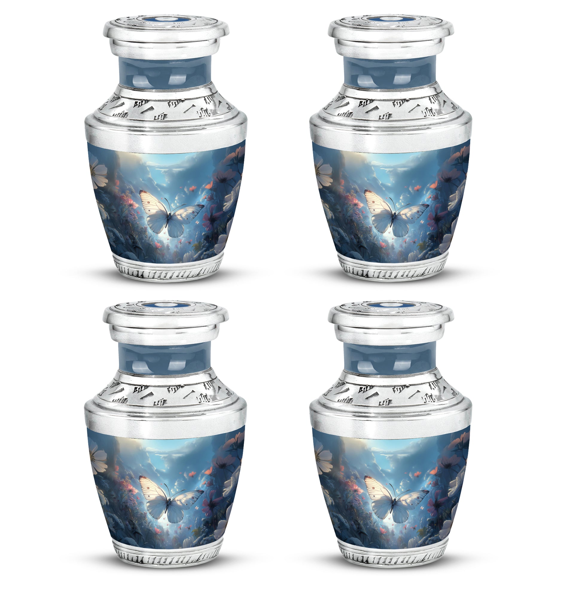 Calming Blue Butterfly Cremation Urn back view with polished surface - artistic butterfly interpretation with creative detail - 10 inch aluminum urn for cremated remains