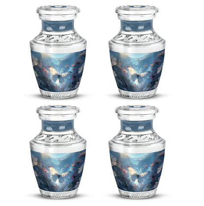 Calming Blue Butterfly Cremation Urn back view with polished surface - artistic butterfly interpretation with creative detail - 10 inch aluminum urn for cremated remains