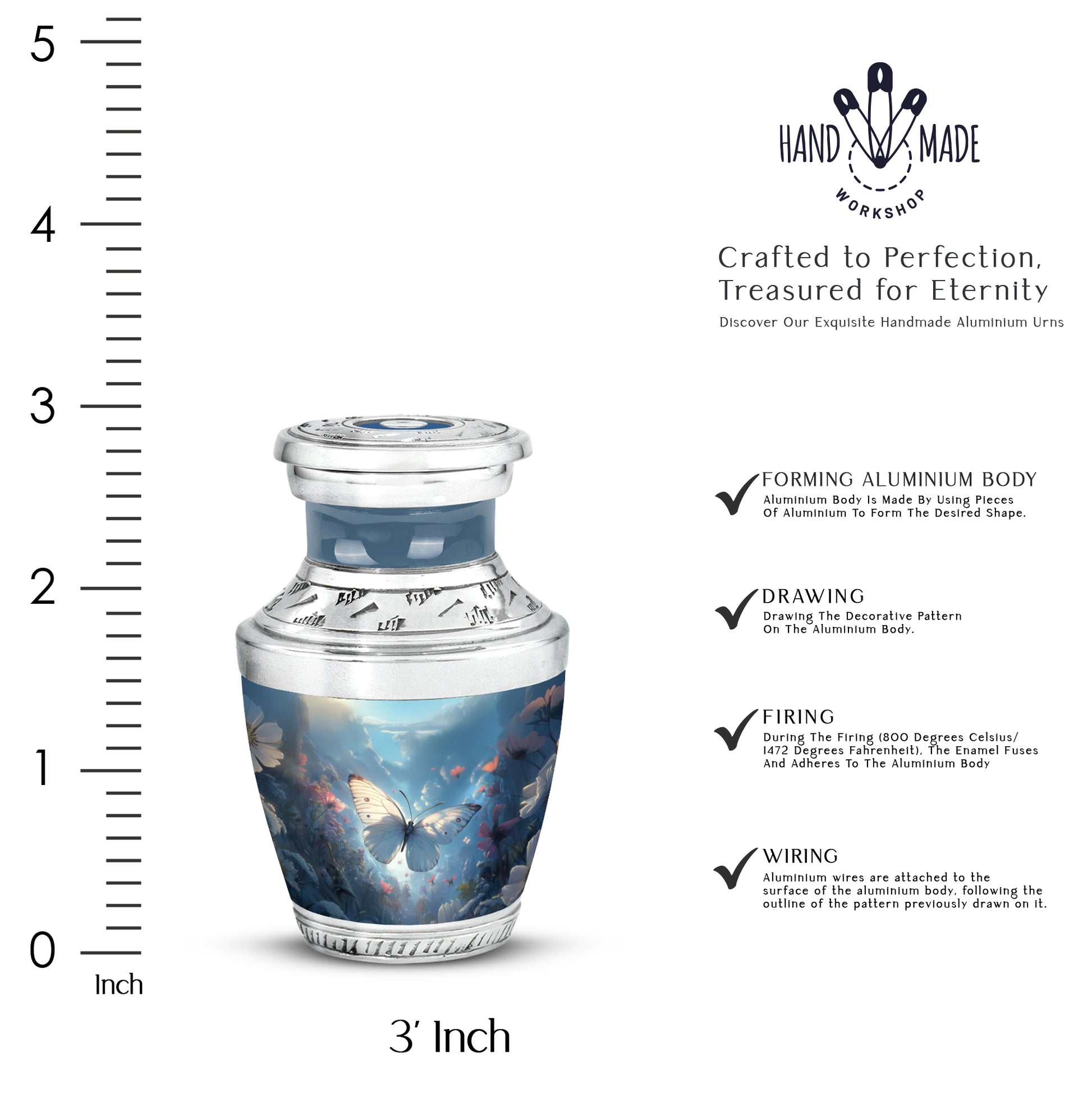 Celestial Blue Butterfly Cremation Urn top-down view of secure threaded lid - modern art-inspired butterfly motif on sleek aluminum - mini keepsake memorial for portion of cremation ashes