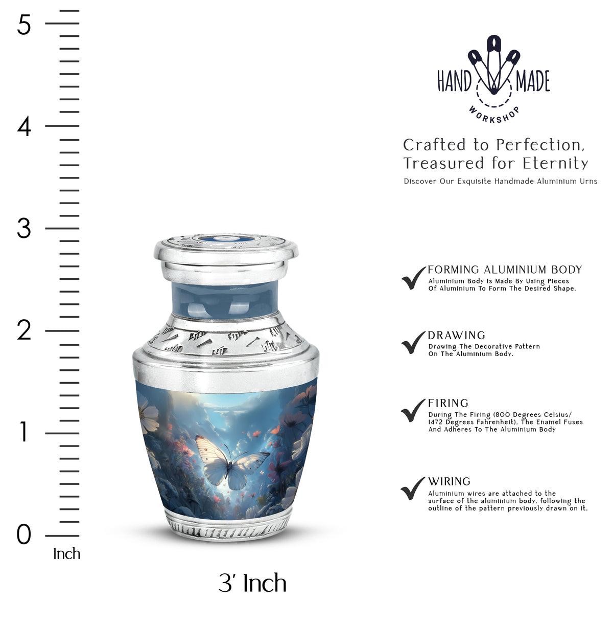 Celestial Blue Butterfly Cremation Urn top-down view of secure threaded lid - modern art-inspired butterfly motif on sleek aluminum - mini keepsake memorial for portion of cremation ashes