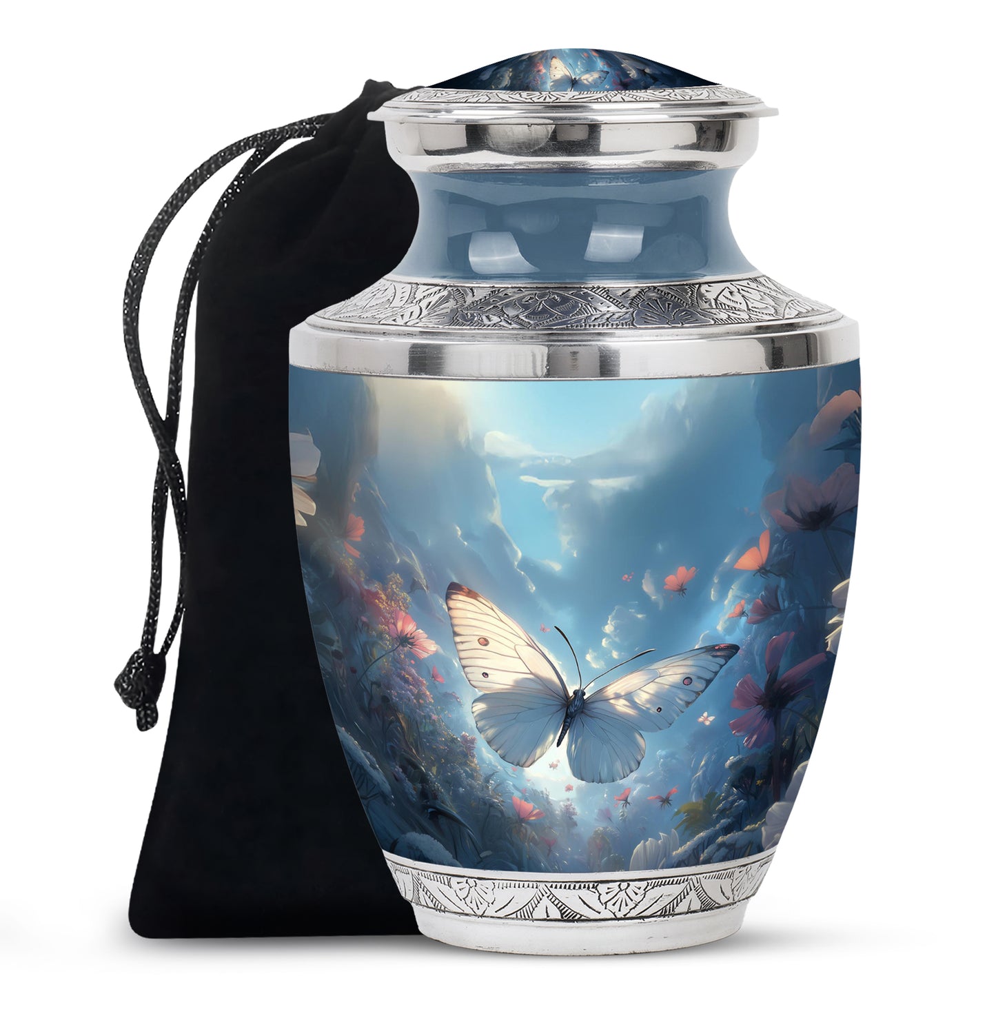 Misty Blue Butterfly Cremation Urn side profile showing urn shape - contemporary butterfly design with modern artistic flair - full-size 10 inch 200 cubic inch adult cremation urn