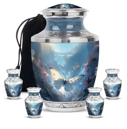 Vivid Blue Butterfly Cremation Urn lifestyle display on memorial shelf - stylized abstract butterfly pattern with bold lines - memorial set with one large and four small urns