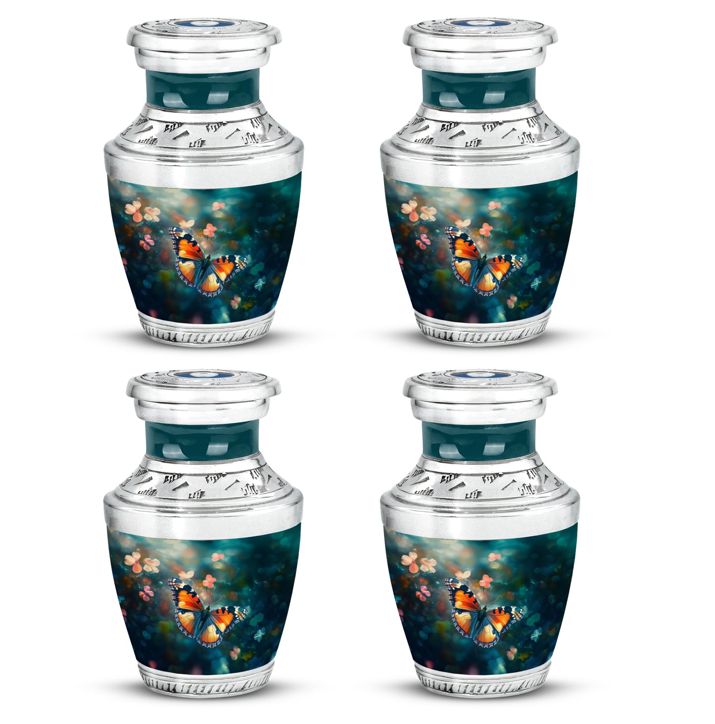 Mystic Teal Butterfly Cremation Urn back view with polished surface - artistic butterfly interpretation with creative detail - 10 inch aluminum urn for cremated remains