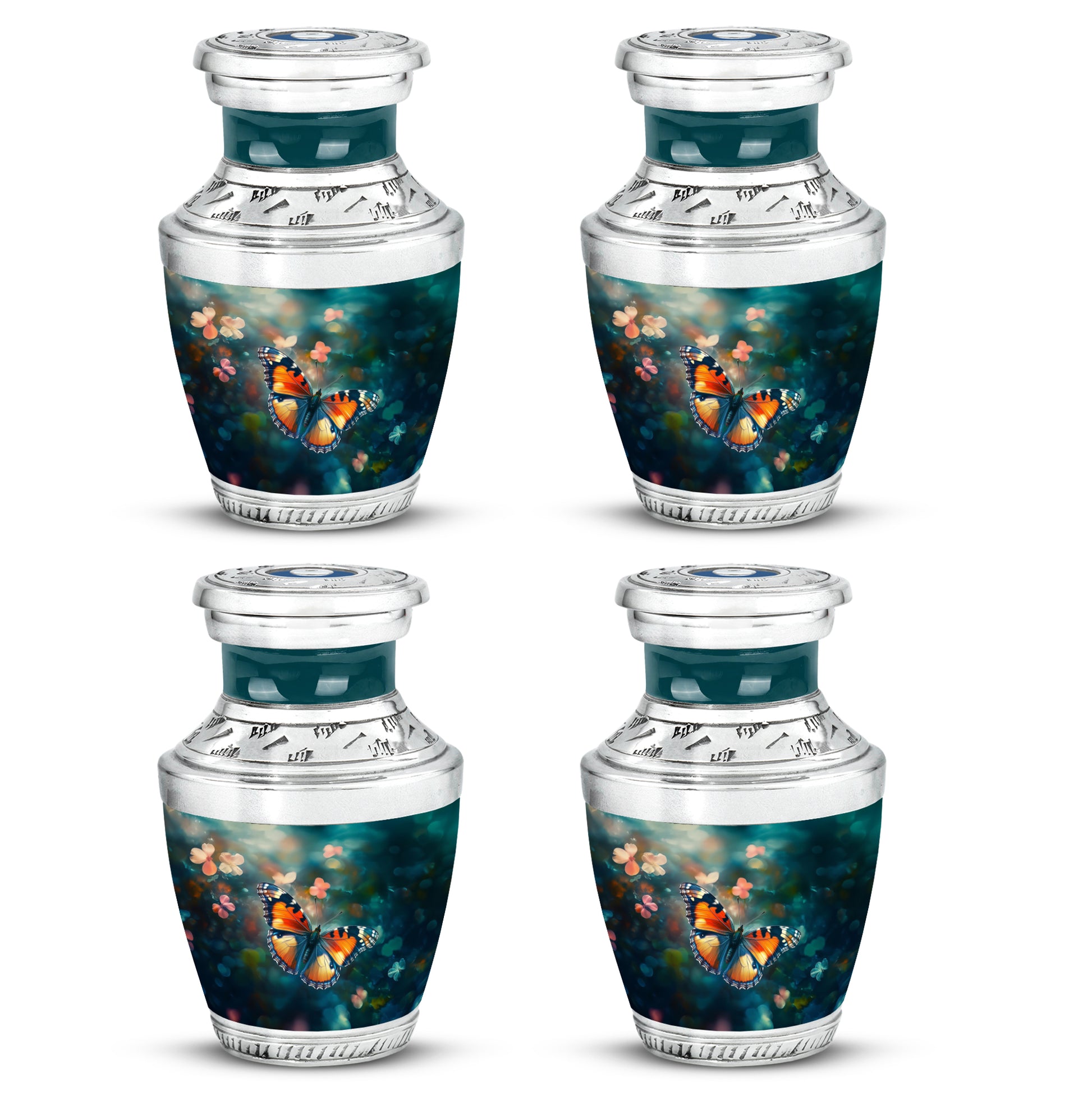 Mystic Teal Butterfly Cremation Urn back view with polished surface - artistic butterfly interpretation with creative detail - 10 inch aluminum urn for cremated remains