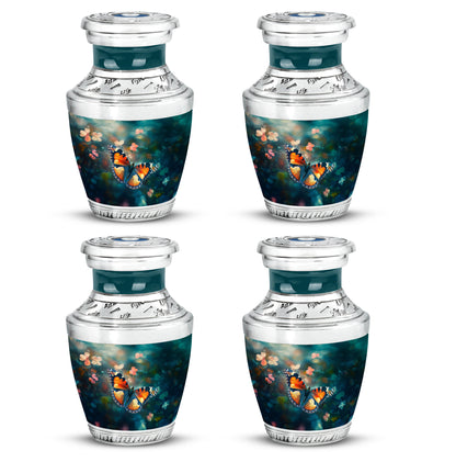 Mystic Teal Butterfly Cremation Urn back view with polished surface - artistic butterfly interpretation with creative detail - 10 inch aluminum urn for cremated remains