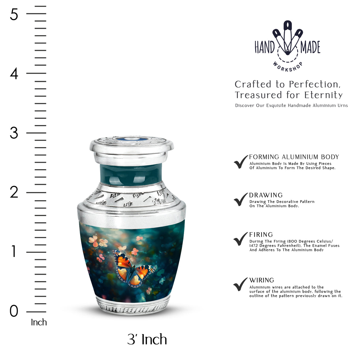 Cool Teal Butterfly Cremation Urn top-down view of secure threaded lid - contemporary butterfly design with modern artistic flair - mini keepsake memorial for portion of cremation ashes
